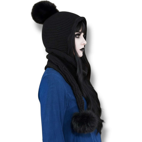 Pom Pom Fur Knitted Hooded Scarf fleece lined beanie hood scarf combo with plush pom poms in brown black or pink winter neck warmer