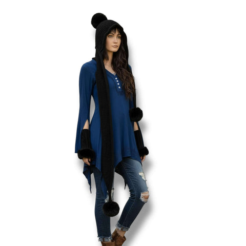 Pom Pom Fur Knitted Hooded Scarf fleece lined beanie hood scarf combo with plush pom poms in brown black or pink winter neck warmer