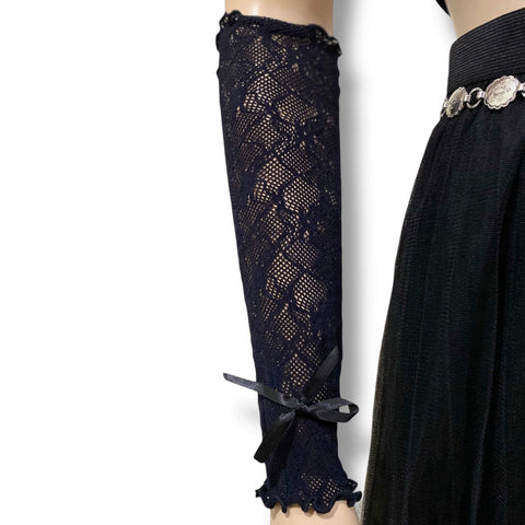 Elegant long lace arm cover gloves with diamond floral texture and ruffle ribbon trim in black 15" length, one size