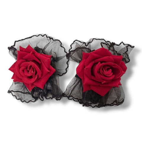 close up 3d rose accents on black lace arm covers
