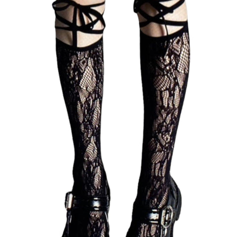 Women's Black Lace Up Leg Tall Stocking Split Toe Socks - Size 5-9 - Wild Time Fashion 