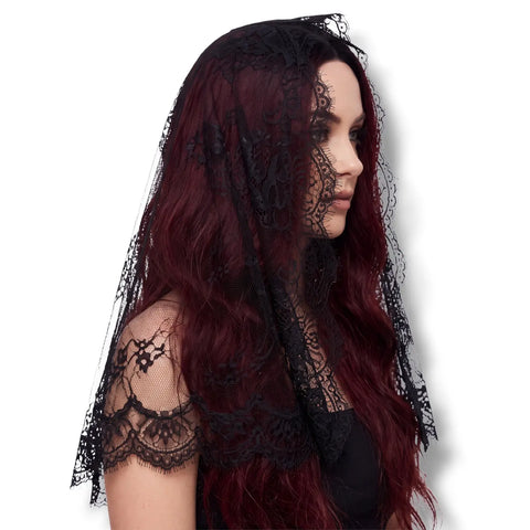 Black sheer lace infinity mantilla veil with eyelash trim and soft draped chapel-style /women's / osfm