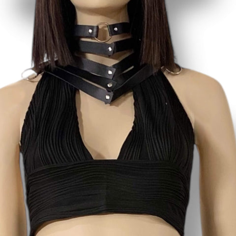 Black Stacked Choker Necklace silver O-rings wide statement collar front view
