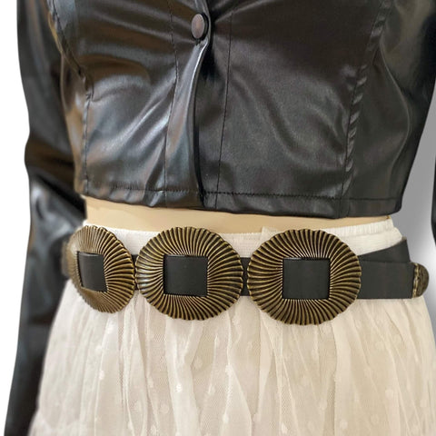 triple buckle black leather belt styled high waist over dress partial side view