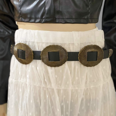 triple buckle black leather belt styled high waist over dress