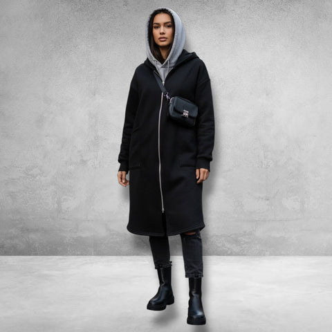 Hooded Long Lightweight Dual Zip Up Jacket black model wearing zipped up