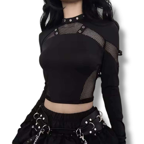 Black cut out mesh studs cropped top with fishnet panel sleeves, silver grommet neckline straps, and keyhole back button closure, women’s fitted size large