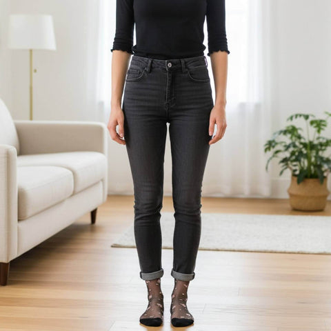 Black Mesh Ruffle Ankle Socks with Pink Floral Embroidery  with cotton footbed and sheer embroidered upper. One size fits shoe 5–9.