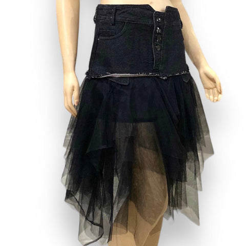 Black Denim Long Asymmetric Tulle Skirt - Wild Time Fashion
