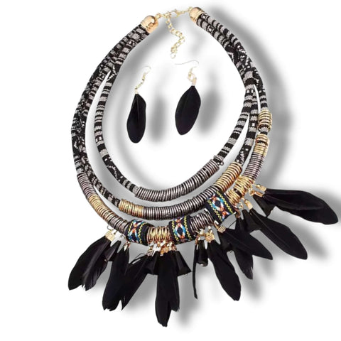 Wild West tribal necklace and earrings set in black feathers