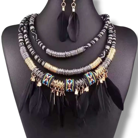 Wild West tribal necklace and earrings set in black feathers