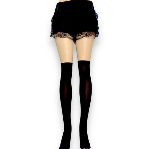 Black opaque thigh high stockings – one size fits most for women from small to large