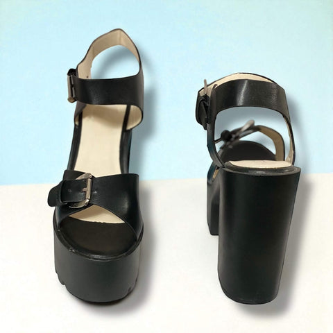 Black Leather Buckle Platform High Heels