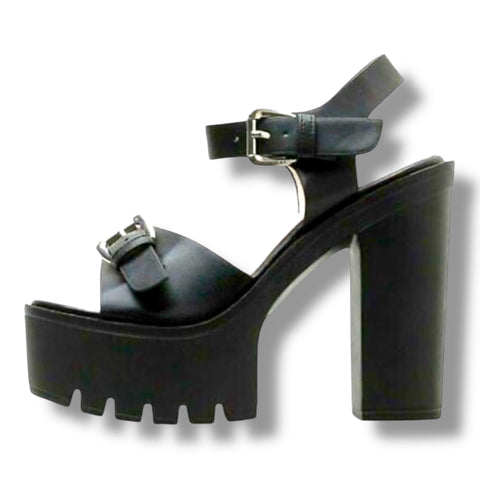 Black Leather Buckle Platform High Heels