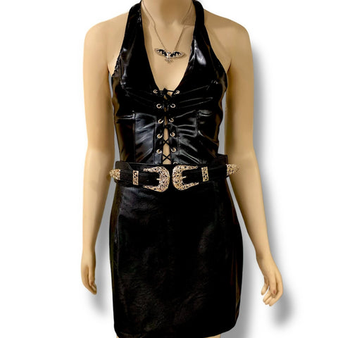 black double buckle western belt with engraved silver buckles and elastic back, western boho punk fashion