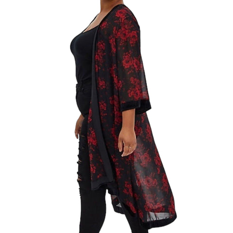 Women's Black  3/4" Sleeve Open Front Hilo Hem Red Floral Kimono Robe - Large - Wild Time Fashion