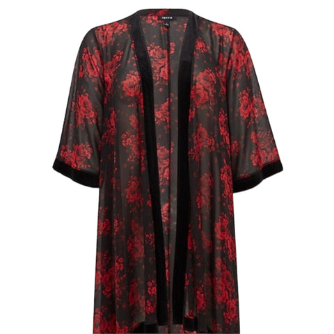 Women's Black  3/4" Sleeve Open Front Hilo Hem Red Floral Kimono Robe - Large - Wild Time Fashion