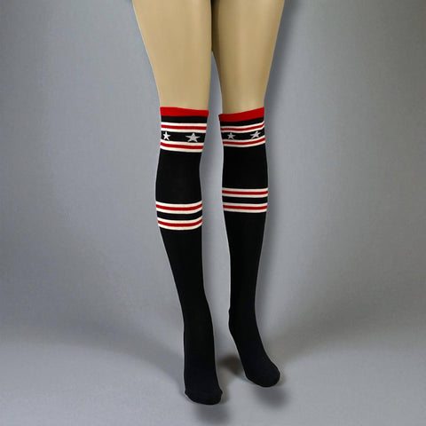 black over knee socks with red white stripes and white stars