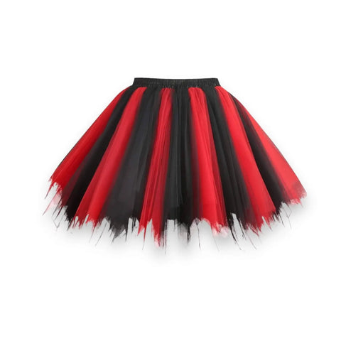 black and red tulle tutu skirt with black satin slip, gothic, punk, festival fashion flat lay
