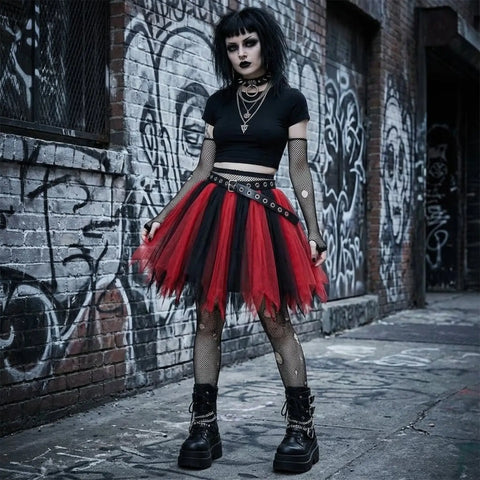 Black Red Tutu Tulle Mini Skirt elastic waist built in slip skater skirt