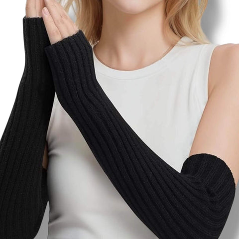 Knitted Long Arm Warmers Gloves — dark brown or black rib knit long fingerless arm warmers with thumb hole, 19.5" length