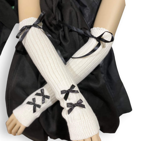 Ribbons Arm Sleeve Knit Gloves white with black silky lace ribbons arm cover