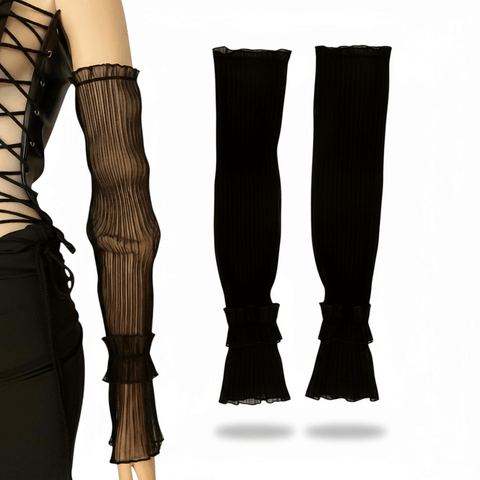 pleated mesh long arm cover ruffle cuff sleeves detachable sheer stretch arm warmers black or white gothic fairycore y2k cosplay accessory
