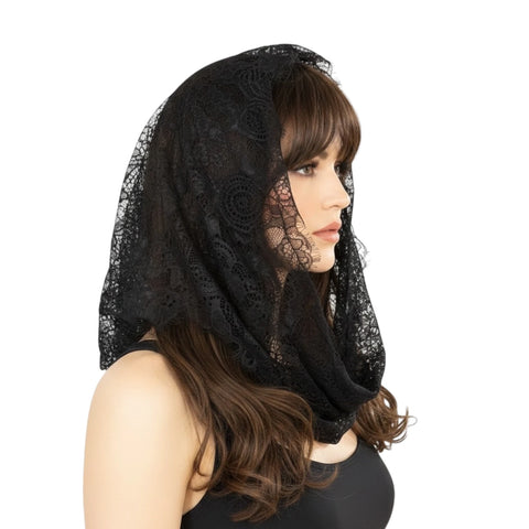 woman wearing the Black Sheer Lace Infinity Mantilla Veil with eyelash trim and gothic scarf styling  /osfm