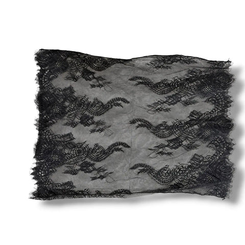 flat lay Black Sheer Lace Infinity Mantilla Veil with eyelash trim and gothic scarf styling /osfm