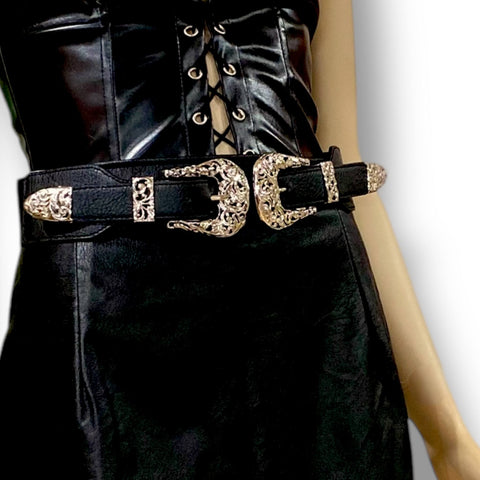 black double buckle western belt with engraved silver buckles and elastic back, western boho punk fashion