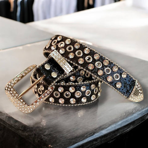 Glam Silver Studs Rhinestone Belt Black rhinestone belt with oversized silver buckle and tip