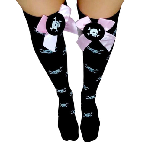 Women's  Black with White Crossbones Allover Above Knee with Embroidery Motif Center Pink Satin Bow Topper's Thigh High Socks Punk Inspired -One Size- Wild Time Fashion