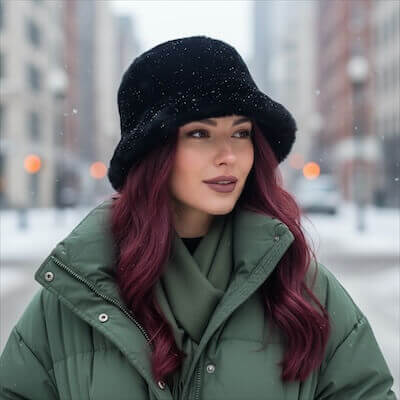 women’s soft faux fur winter bucket hat plush fluffy reversible with 2.5 inch brim in winter white dark brown or black streetwear headwear