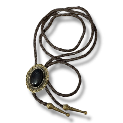 black stone antique gold bolo tie adjustable necktie with oval faux black stone pendant braided leather rope and matching metal tips gender neutral western neckwear