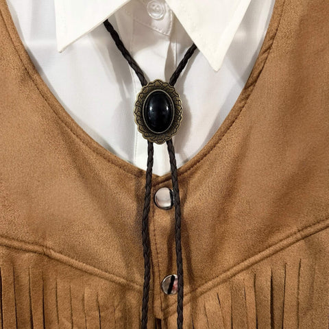 black stone antique gold bolo tie adjustable necktie with oval faux black stone pendant braided leather rope and matching metal tips gender neutral western neckwear