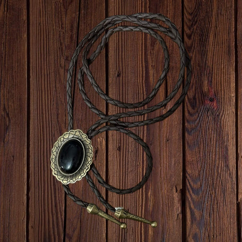 black stone antique gold bolo tie adjustable necktie with oval faux black stone pendant braided leather rope and matching metal tips gender neutral western neckwear