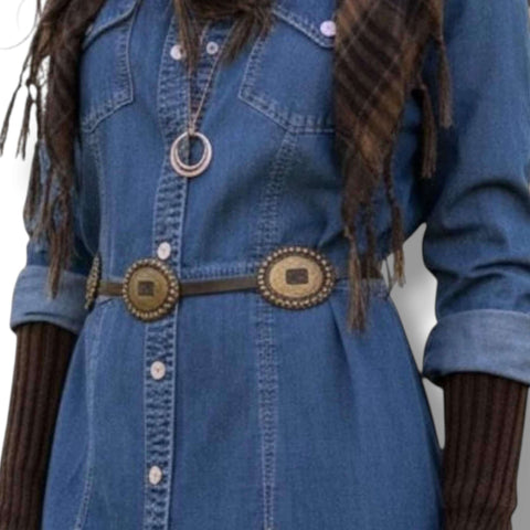 Black faux leather thin strap concho belt with five etched floral gold oval conchos and single pin buckle closure, adjustable waist 25 to 33 inches