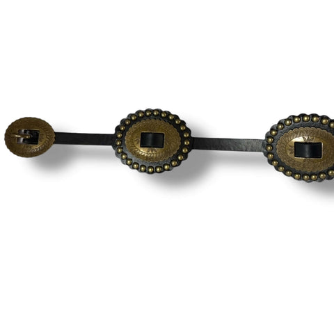 Black faux leather thin strap concho belt with five etched floral gold oval conchos and single pin buckle closure, adjustable waist 25 to 33 inches