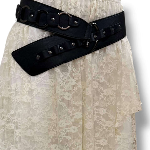 Black Studded O-Rings Wide Belt with gunmetal hardware styled as a waist cincher