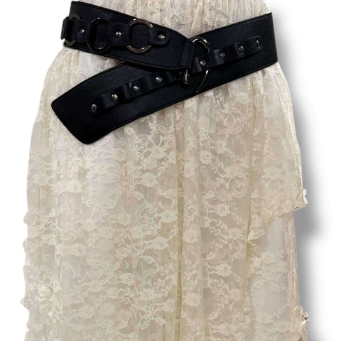 Black Studded O-Rings Wide Belt with gunmetal hardware styled as a waist cincher