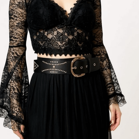 Model wearing Black Silver Studded Wide Statement Belt white background