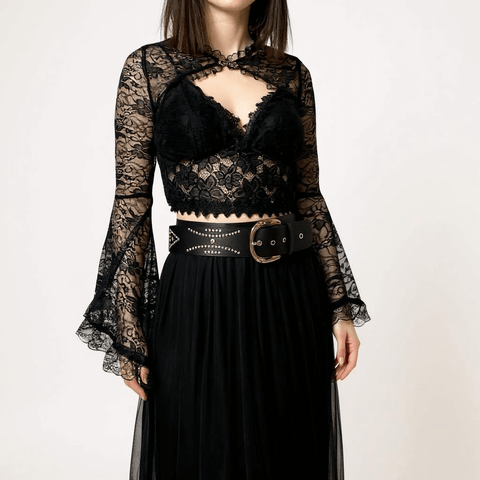 Black Floral Long Sleeve Gothic Lace Bolero front model wearing with black lace tank black studded belt and midi skirt