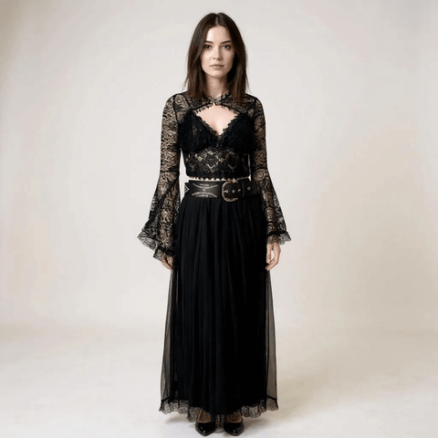 Black Floral Long Sleeve Gothic Lace Bolero front model wearing with black studded belt and midi skirt