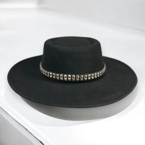 Black Wide Brim Studded Fedora Hat  Pork Pie Round Crown Fedora