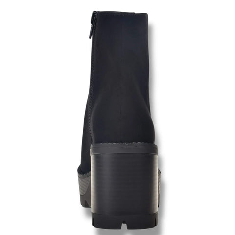 black faux suede platform heel ankle boots with lug sole, block heel, inner zipper, women’s size 9