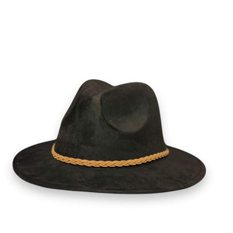 black suede tall dented crown brown leather band boho western fedora hat 