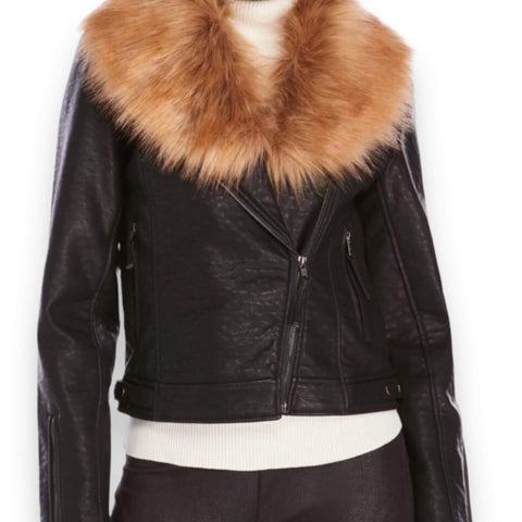 Chic Black Faux Leather Moto Jacket with Removable Fur Collar