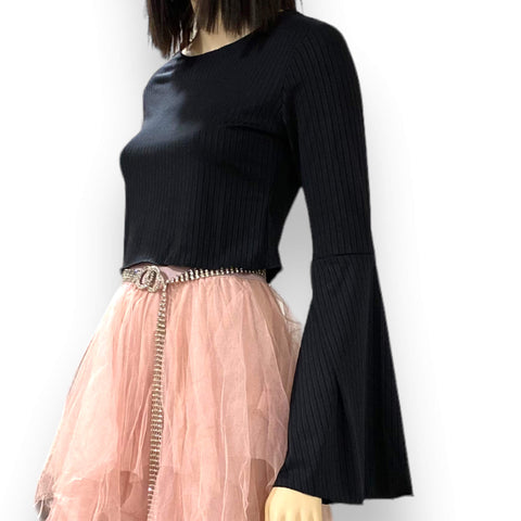 Black Fitted Crop Top with Bell Sleeves- Wild Time Fashion
