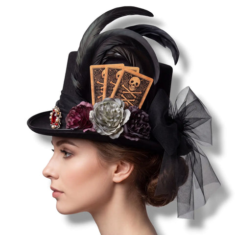 Victorian black top hat with rooster feathers, peonies, tulle bow, skull cards and red crystal brooch