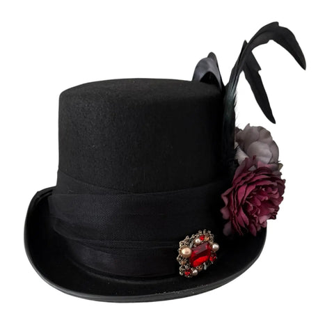 Victorian black top hat with rooster feathers, peonies, tulle bow, skull cards and red crystal brooch